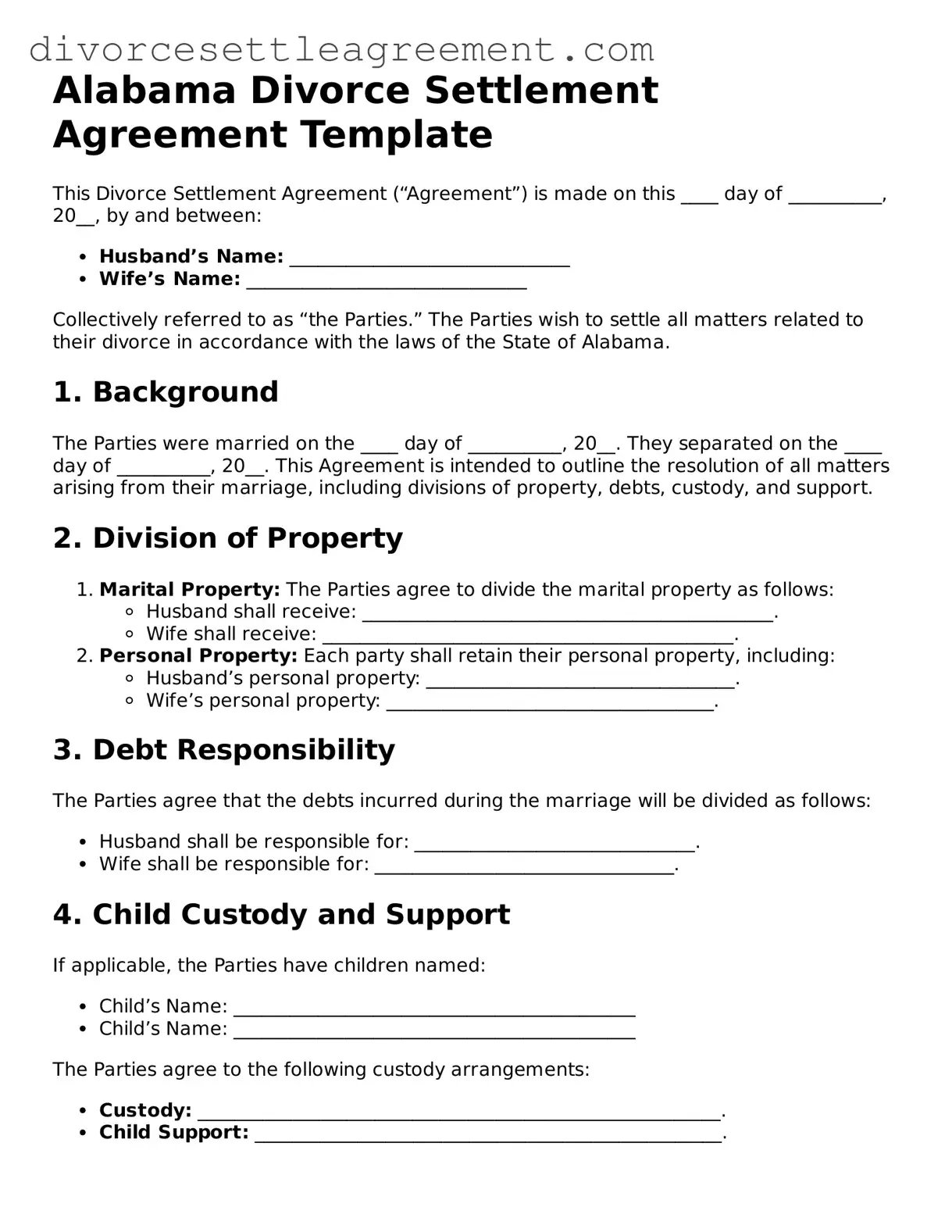 Attorney-Approved Divorce Settlement Agreement Document for the State of Alabama