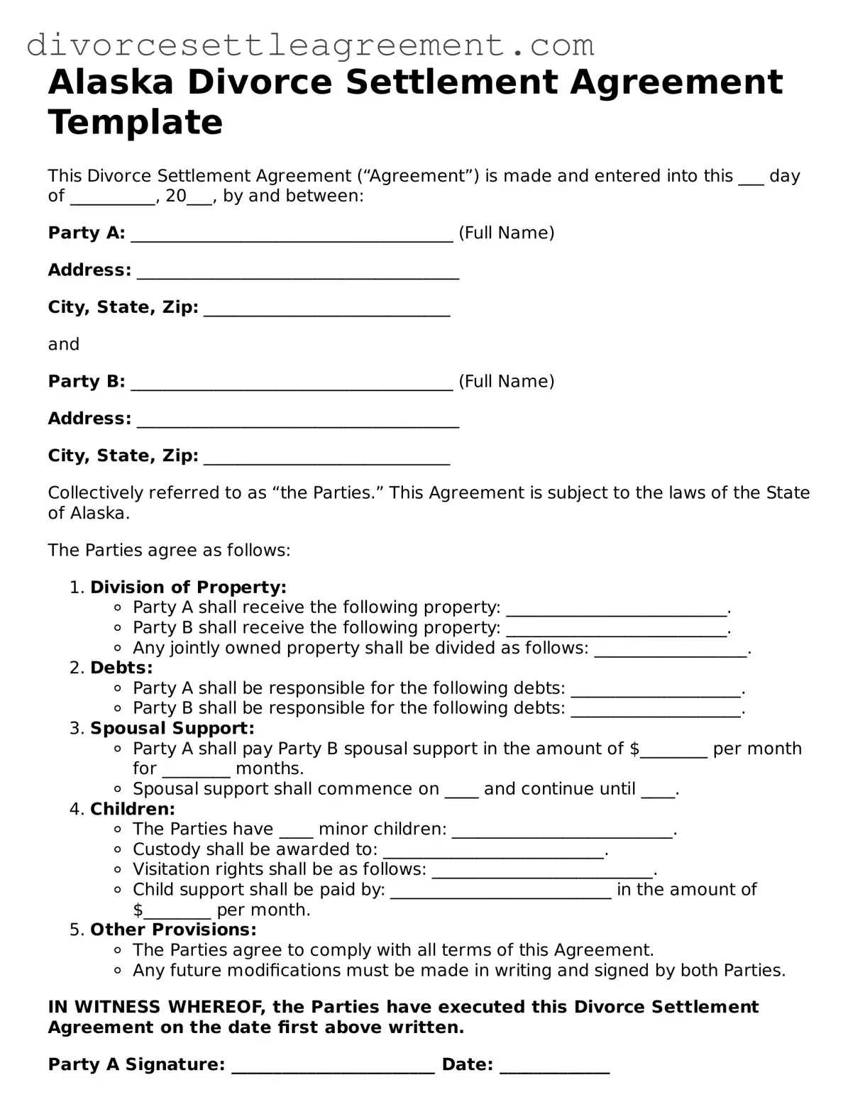 Attorney-Approved Divorce Settlement Agreement Document for the State of Alaska