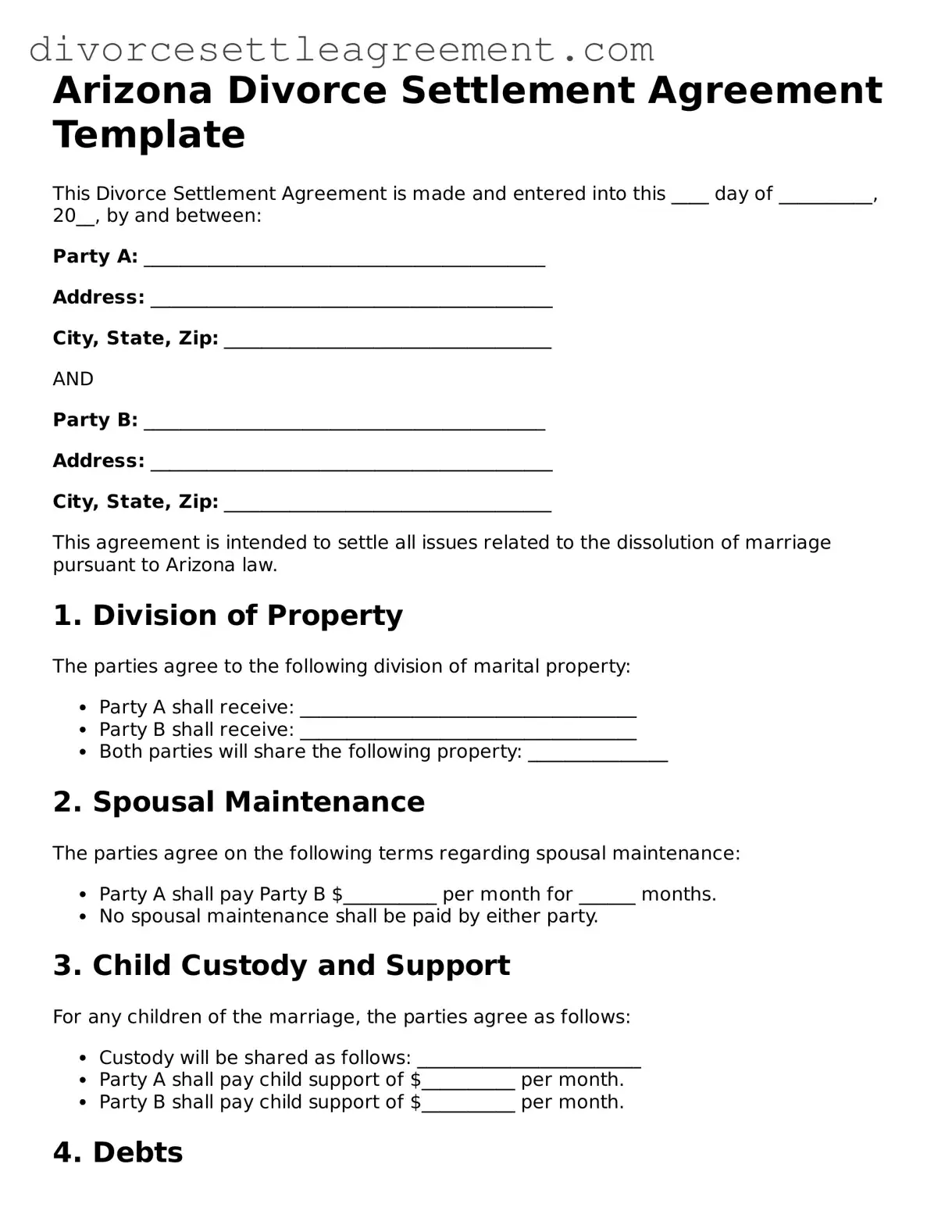 Attorney-Approved Divorce Settlement Agreement Document for the State of Arizona