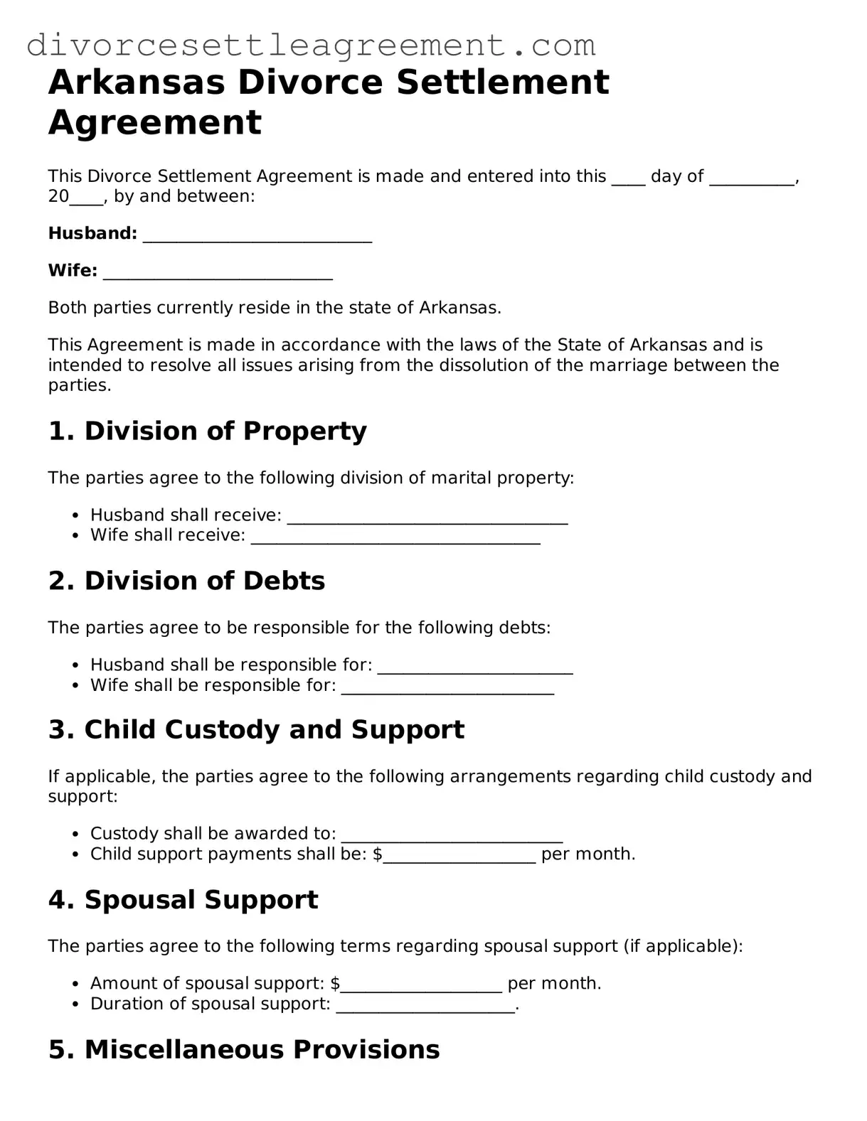 Attorney-Approved Divorce Settlement Agreement Document for the State of Arkansas