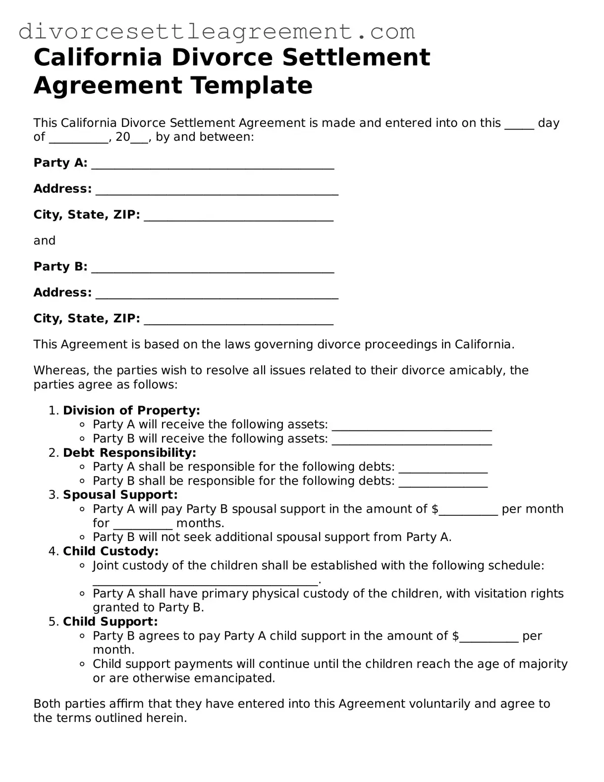 Attorney-Approved Divorce Settlement Agreement Document for the State of California