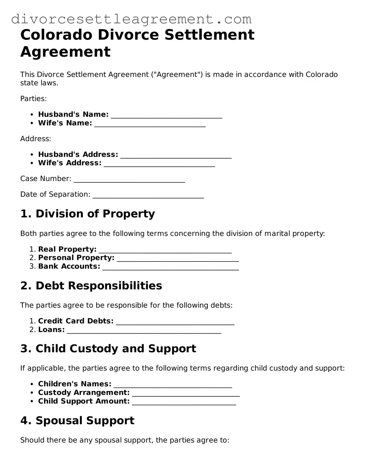 Attorney-Approved Divorce Settlement Agreement Document for the State of Colorado