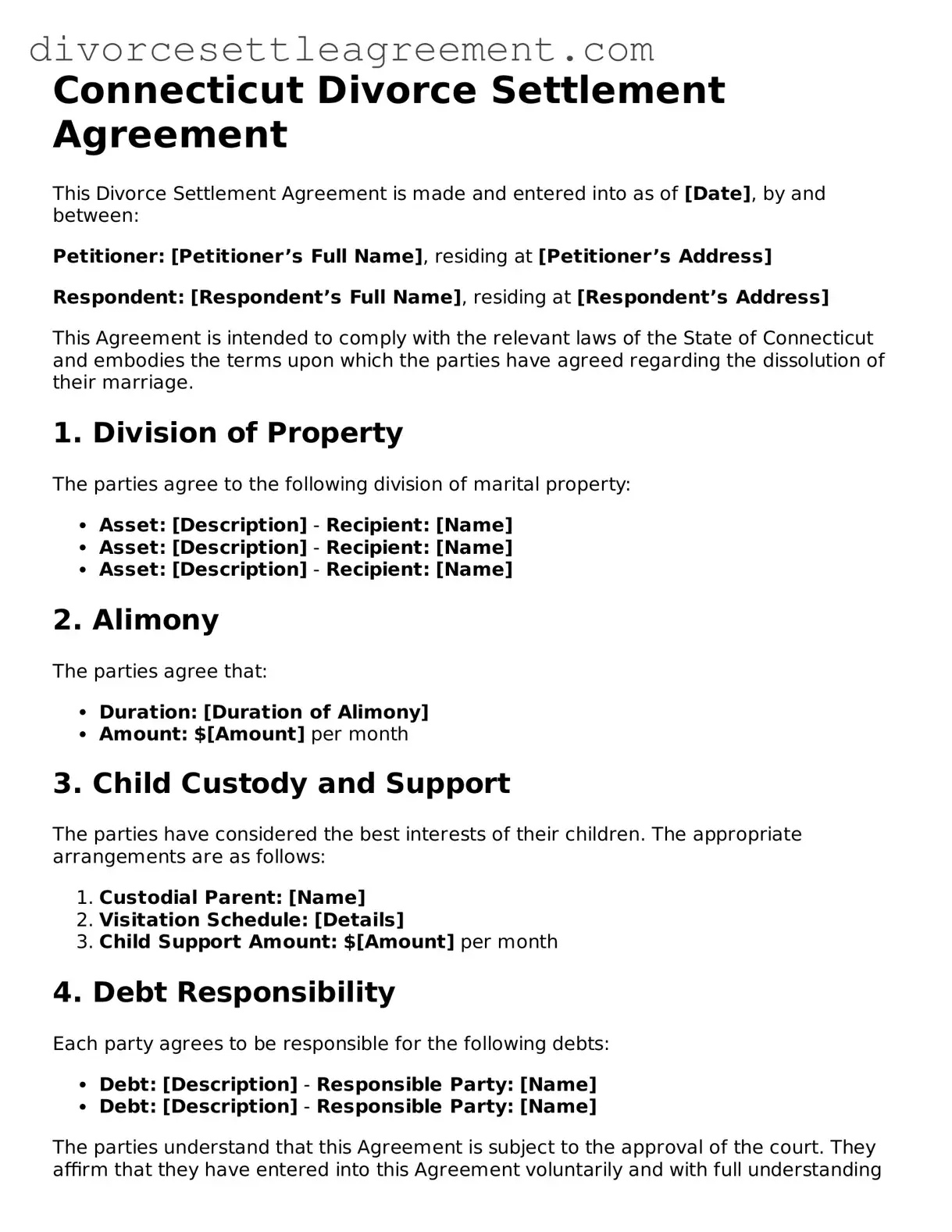Attorney-Approved Divorce Settlement Agreement Document for the State of Connecticut