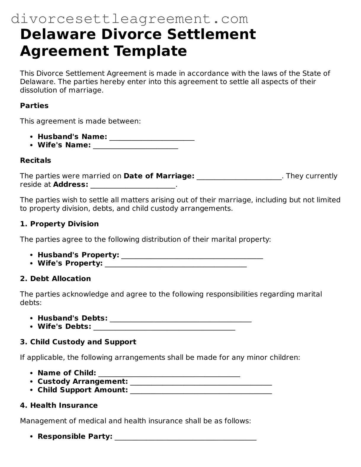 Attorney-Approved Divorce Settlement Agreement Document for the State of Delaware