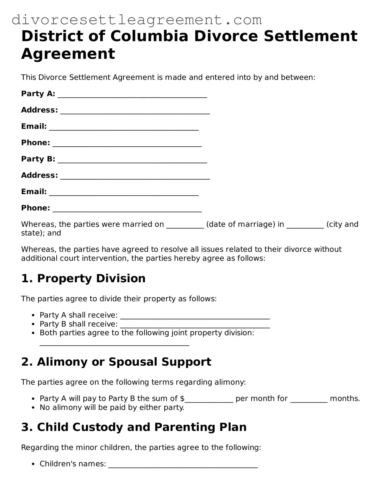 Attorney-Approved Divorce Settlement Agreement Document for the State of District of Columbia