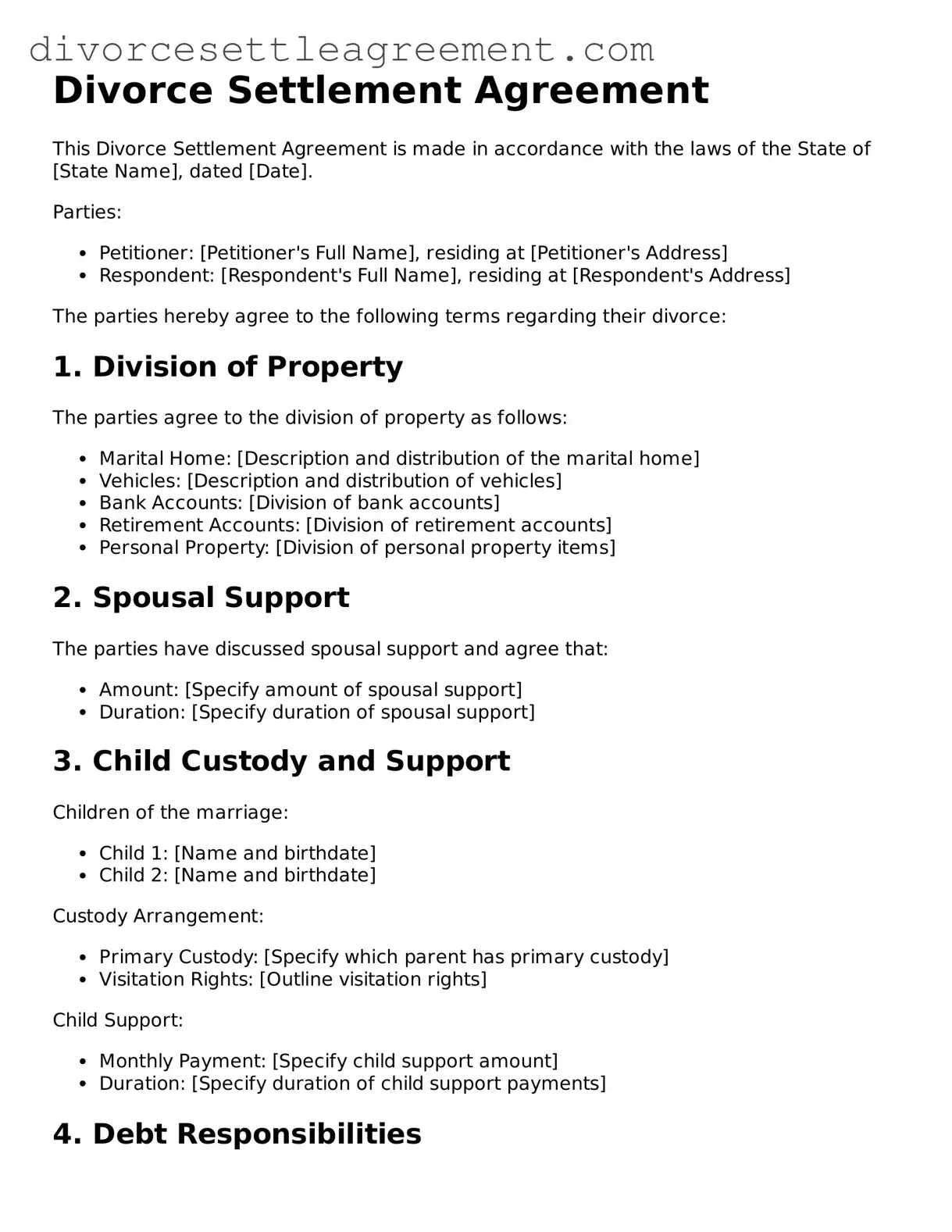 Legal Divorce Settlement Agreement Form
