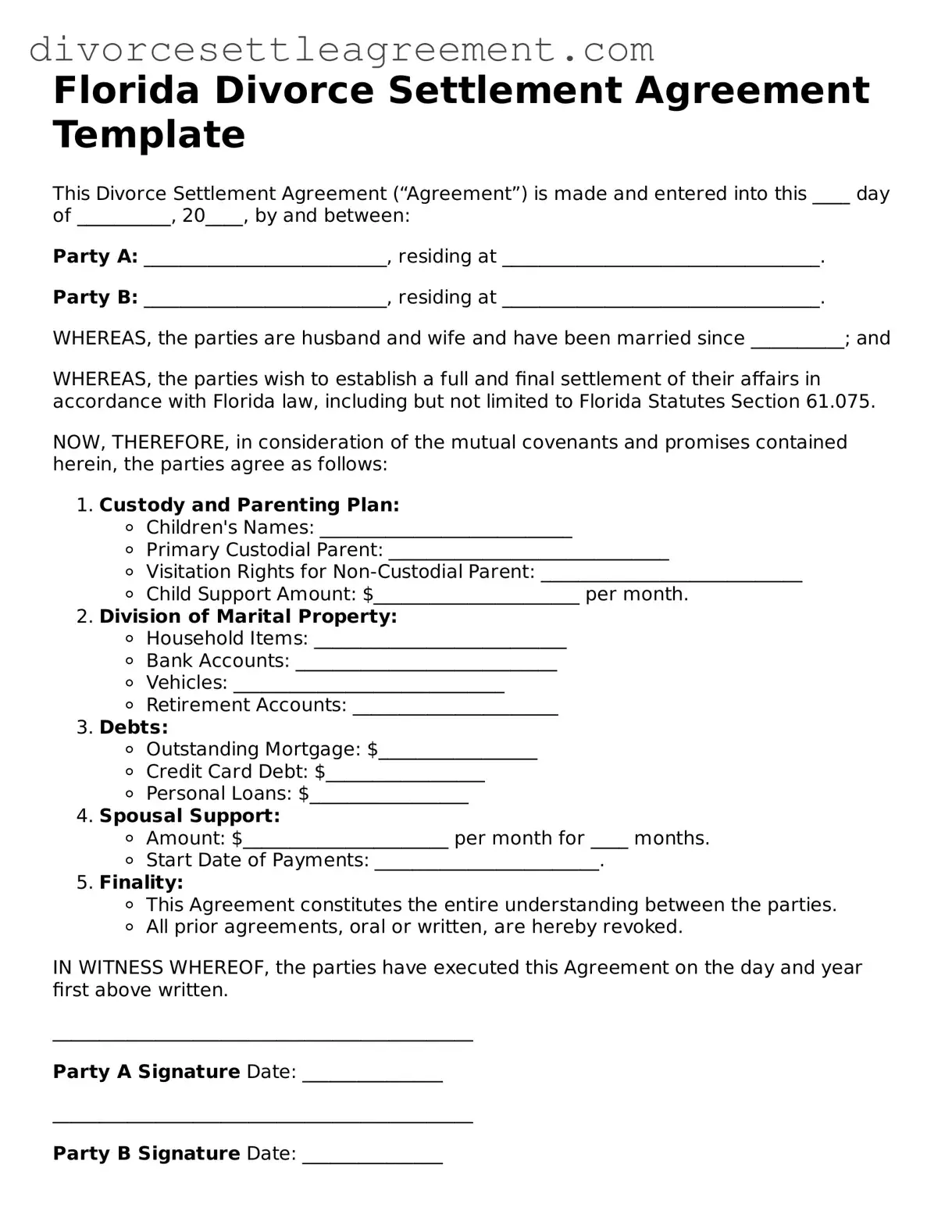 Attorney-Approved Divorce Settlement Agreement Document for the State of Florida