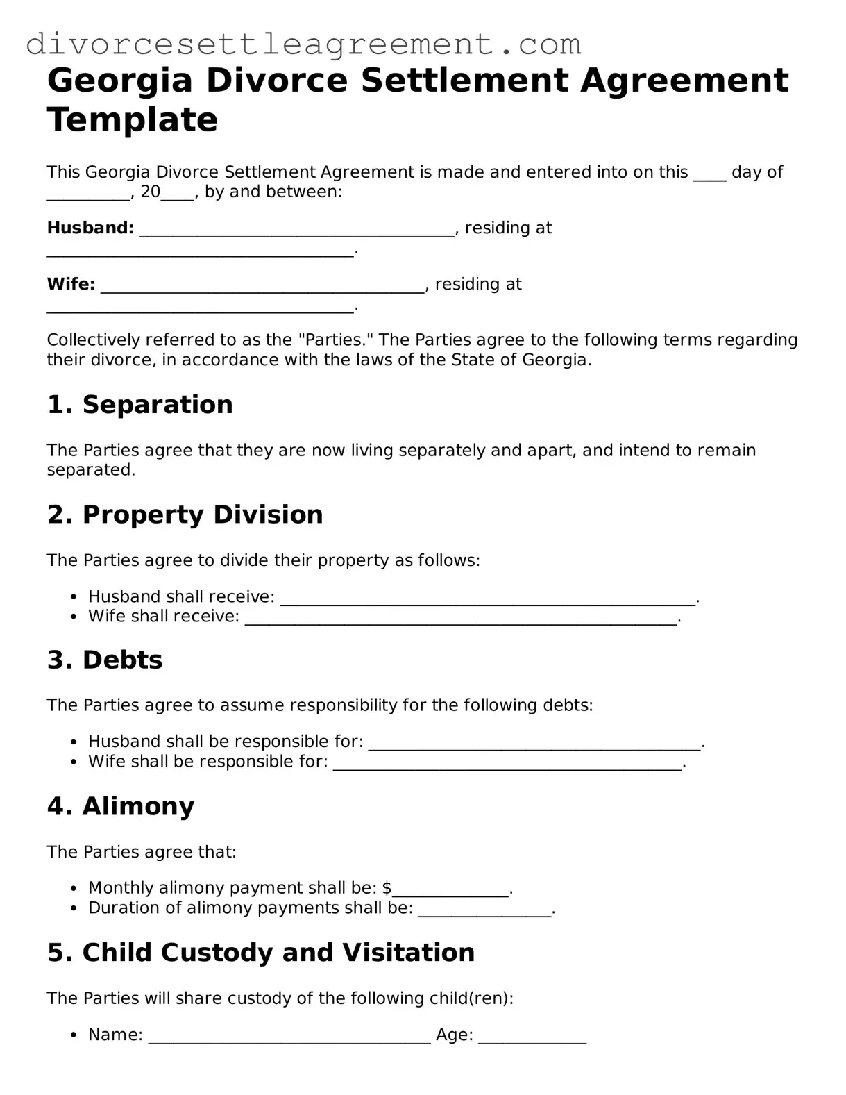 Attorney-Approved Divorce Settlement Agreement Document for the State of Georgia