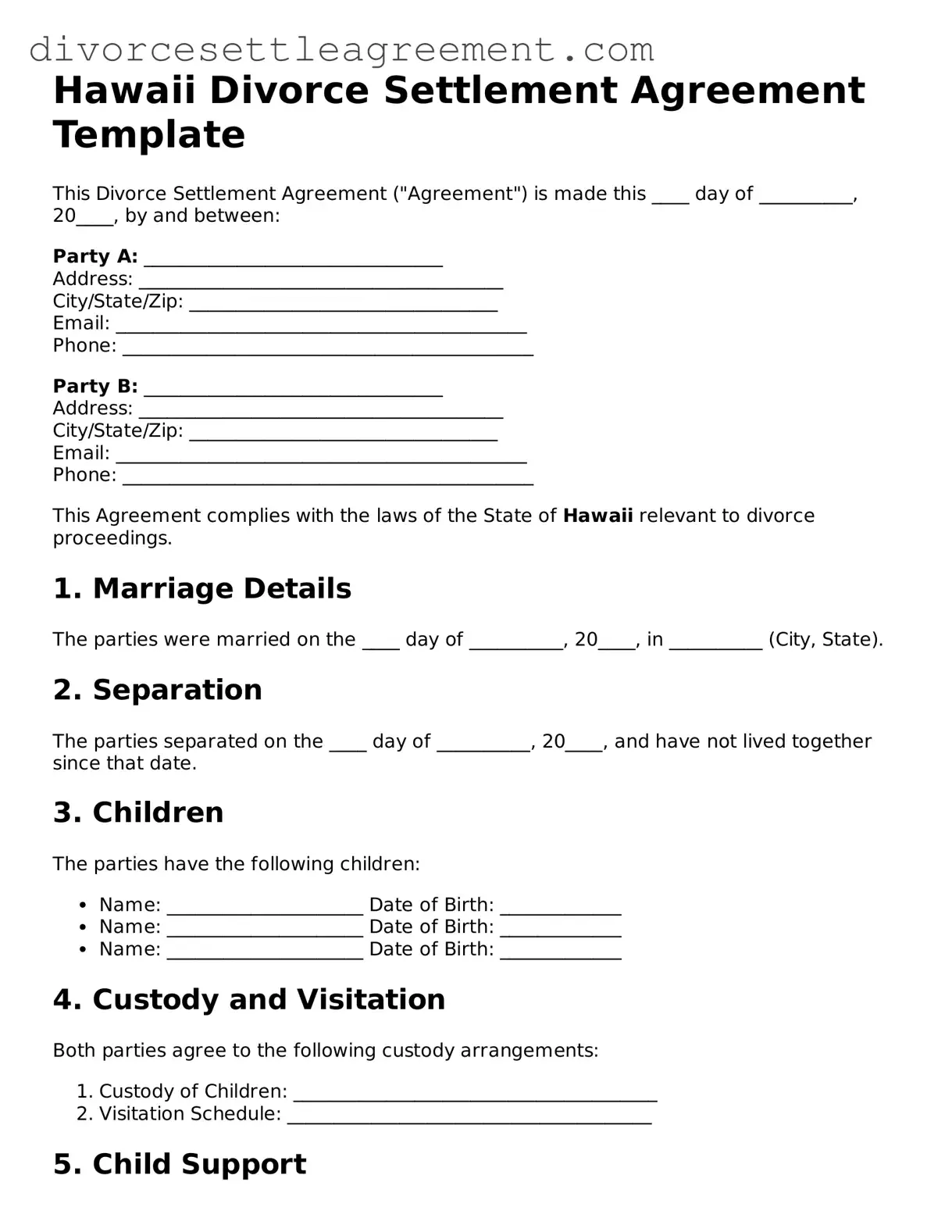 Attorney-Approved Divorce Settlement Agreement Document for the State of Hawaii