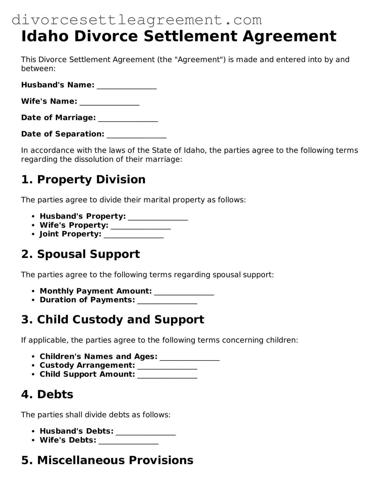 Attorney-Approved Divorce Settlement Agreement Document for the State of Idaho