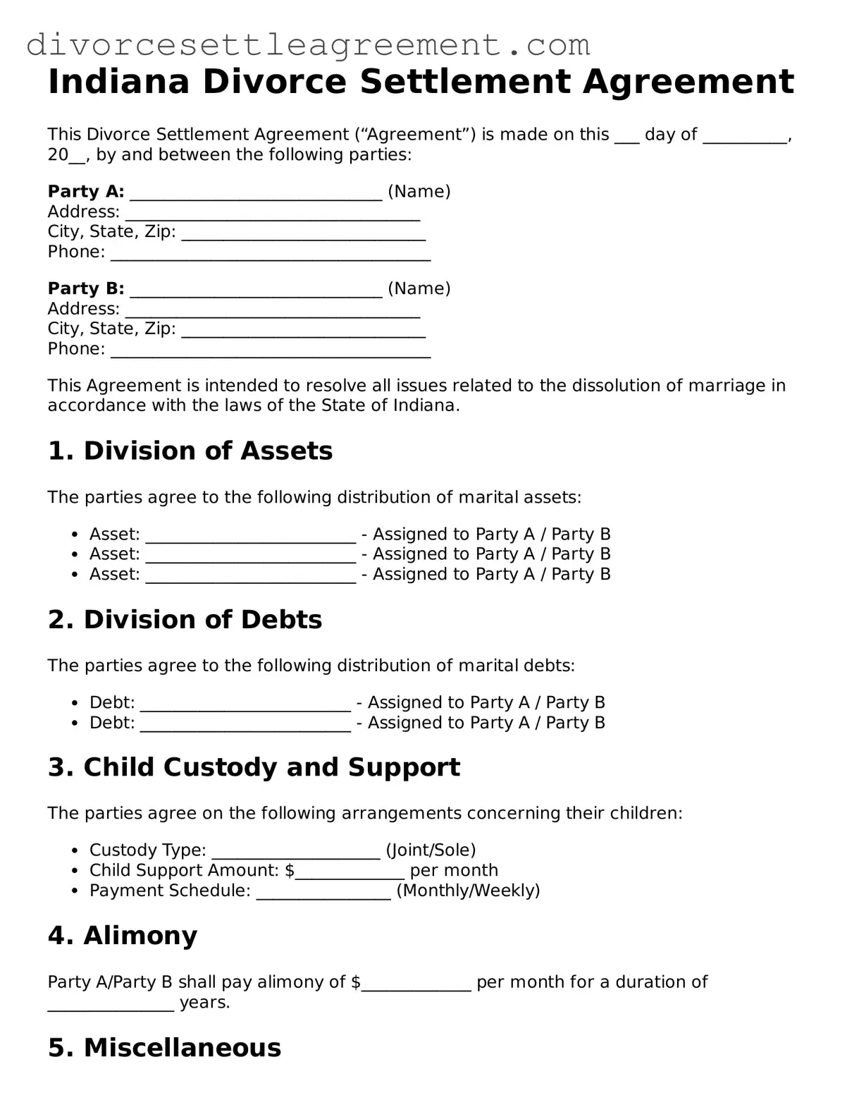 Attorney-Approved Divorce Settlement Agreement Document for the State of Indiana