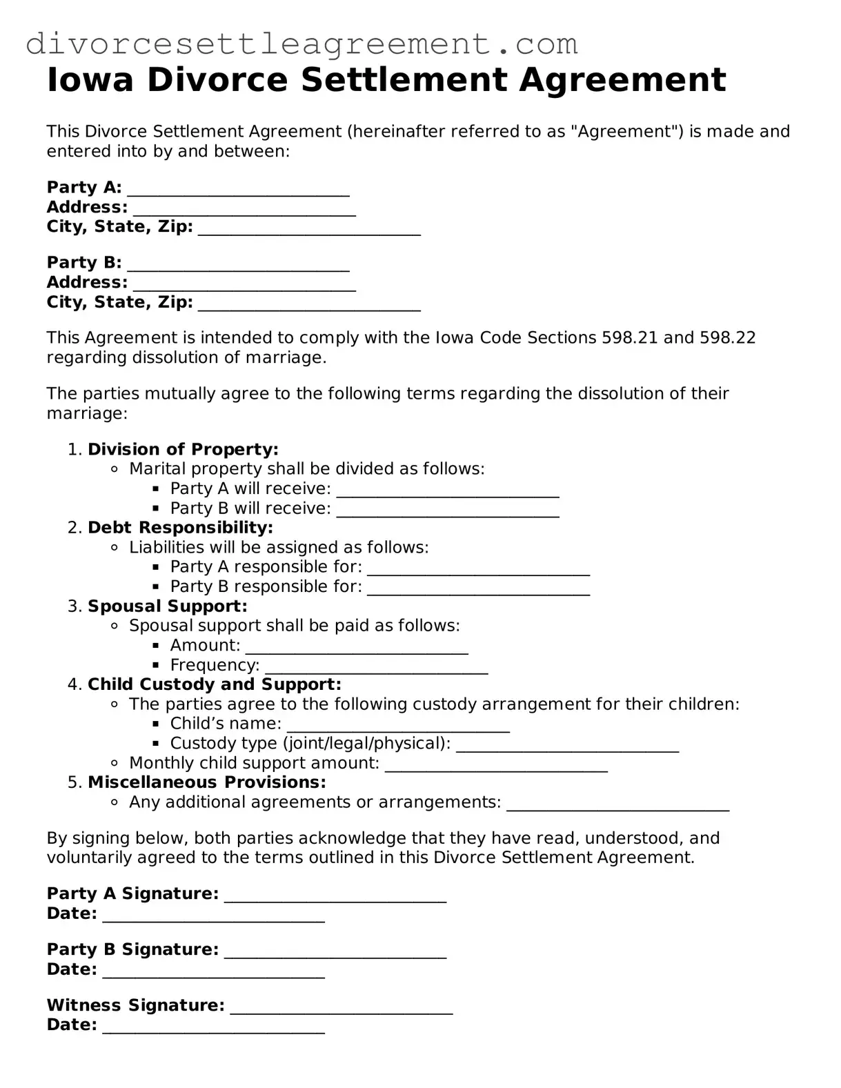 Attorney-Approved Divorce Settlement Agreement Document for the State of Iowa