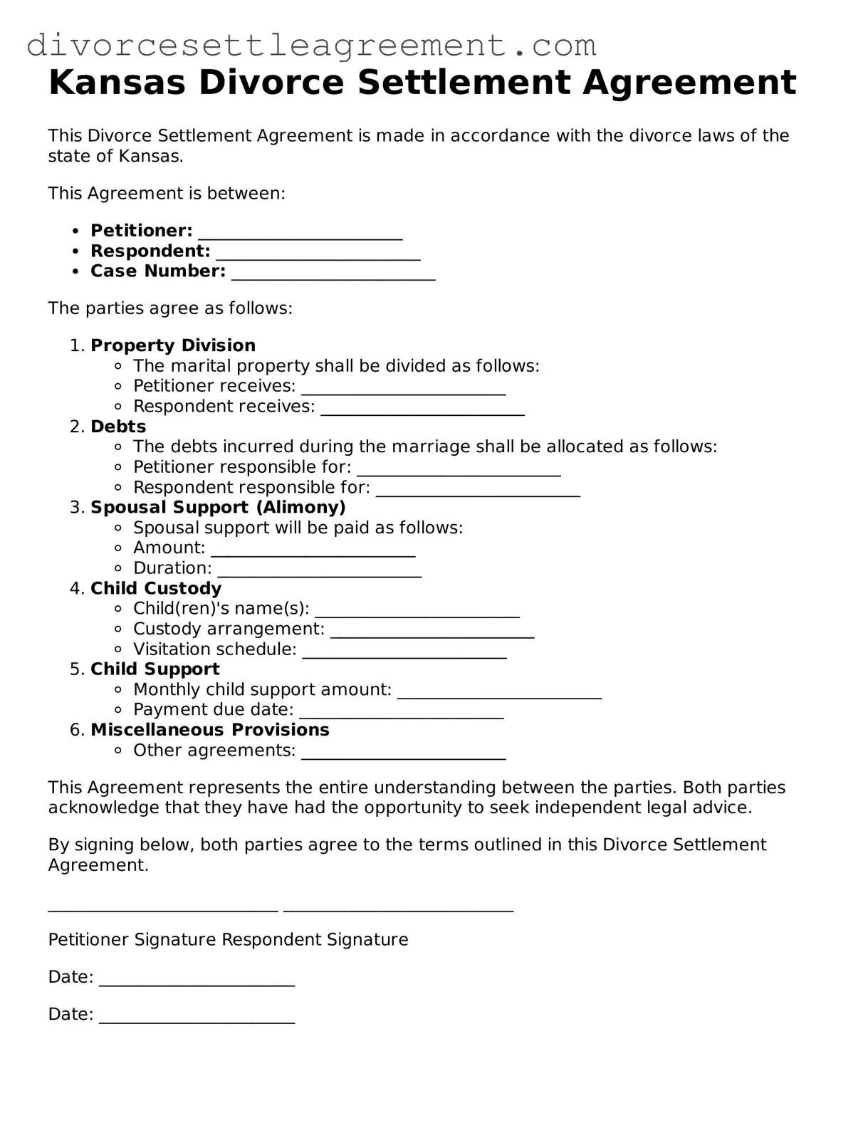 Attorney-Approved Divorce Settlement Agreement Document for the State of Kansas