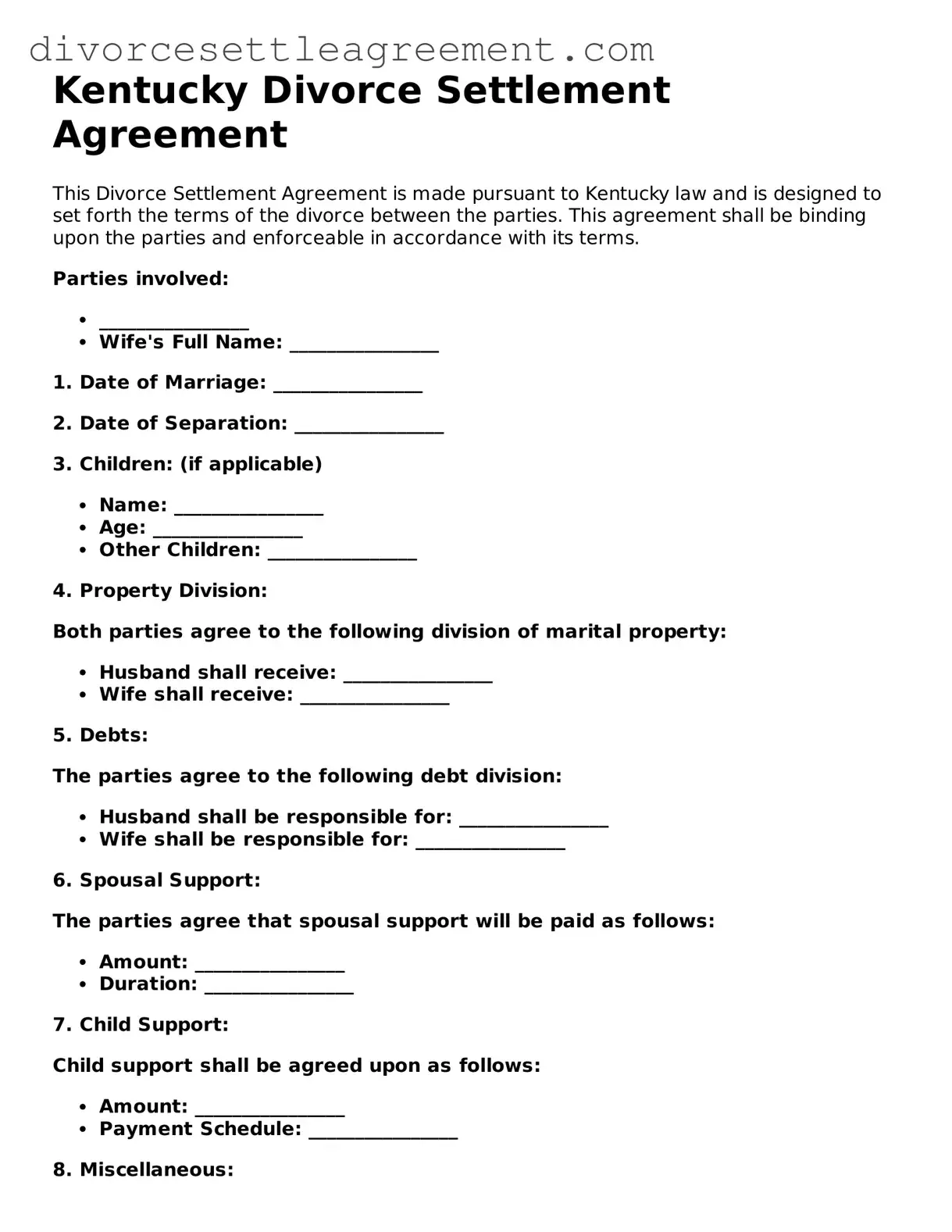 Attorney-Approved Divorce Settlement Agreement Document for the State of Kentucky