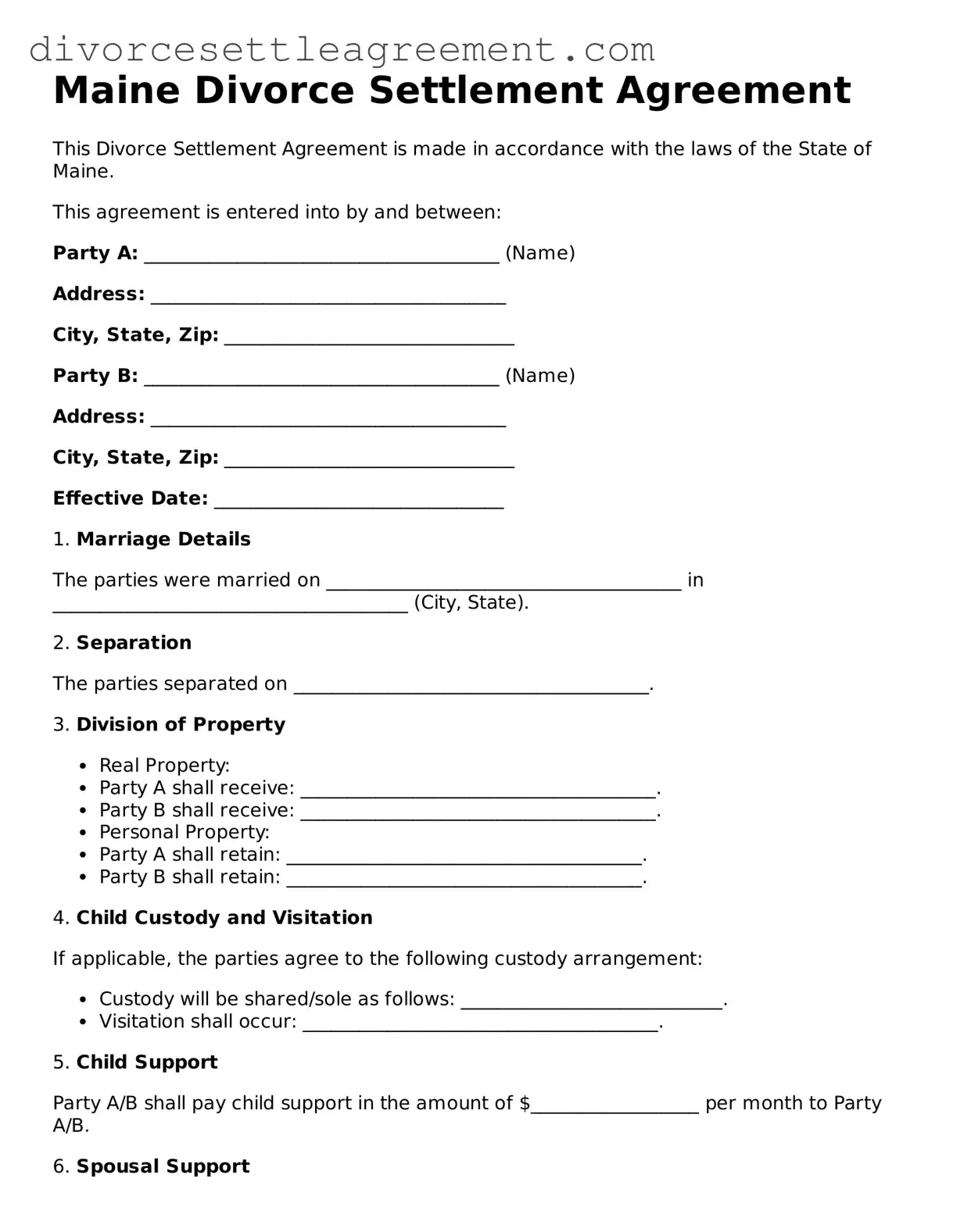 Attorney-Approved Divorce Settlement Agreement Document for the State of Maine