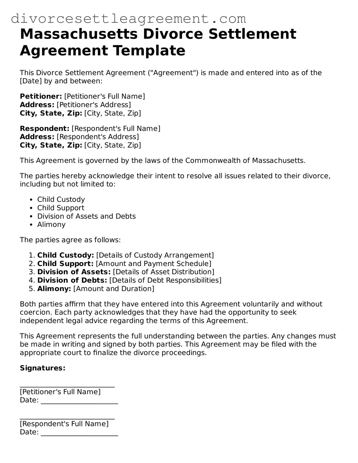 Attorney-Approved Divorce Settlement Agreement Document for the State of Massachusetts
