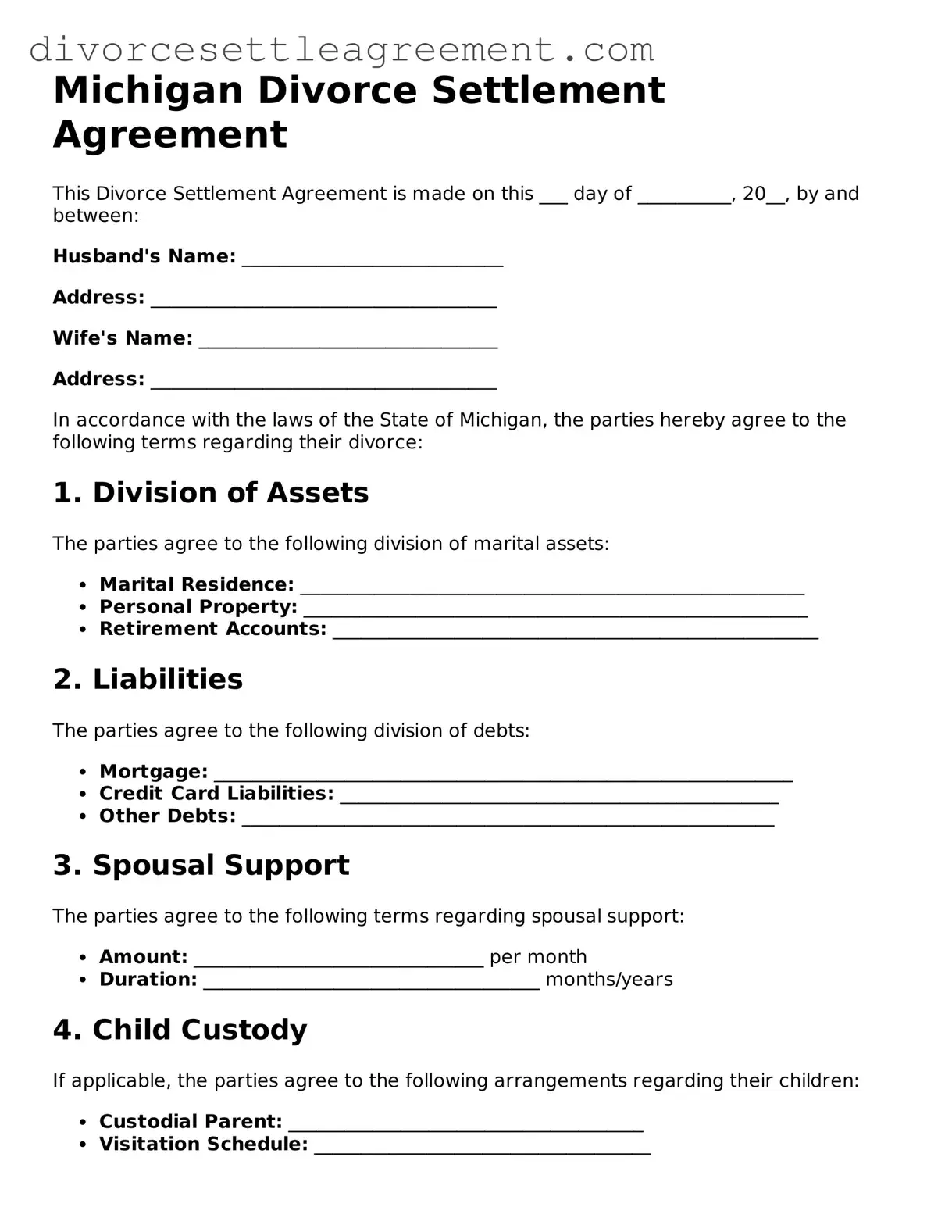 Attorney-Approved Divorce Settlement Agreement Document for the State of Michigan