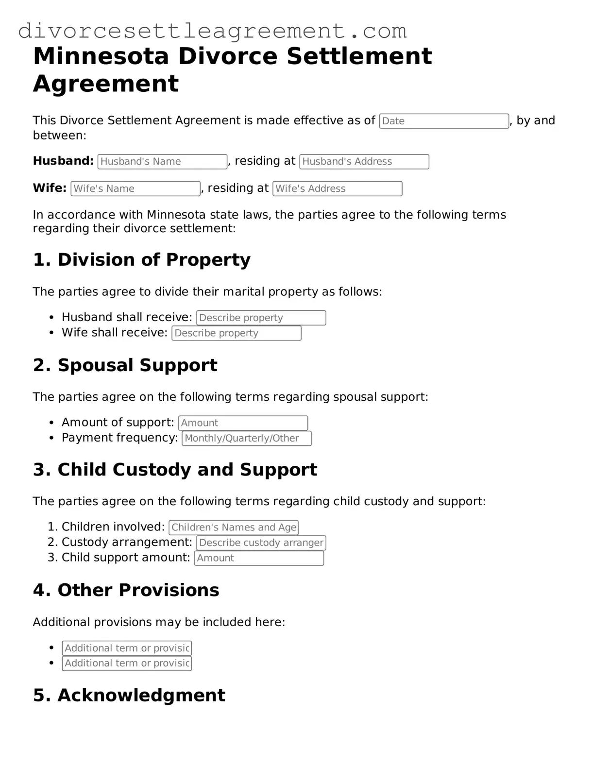 Attorney-Approved Divorce Settlement Agreement Document for the State of Minnesota