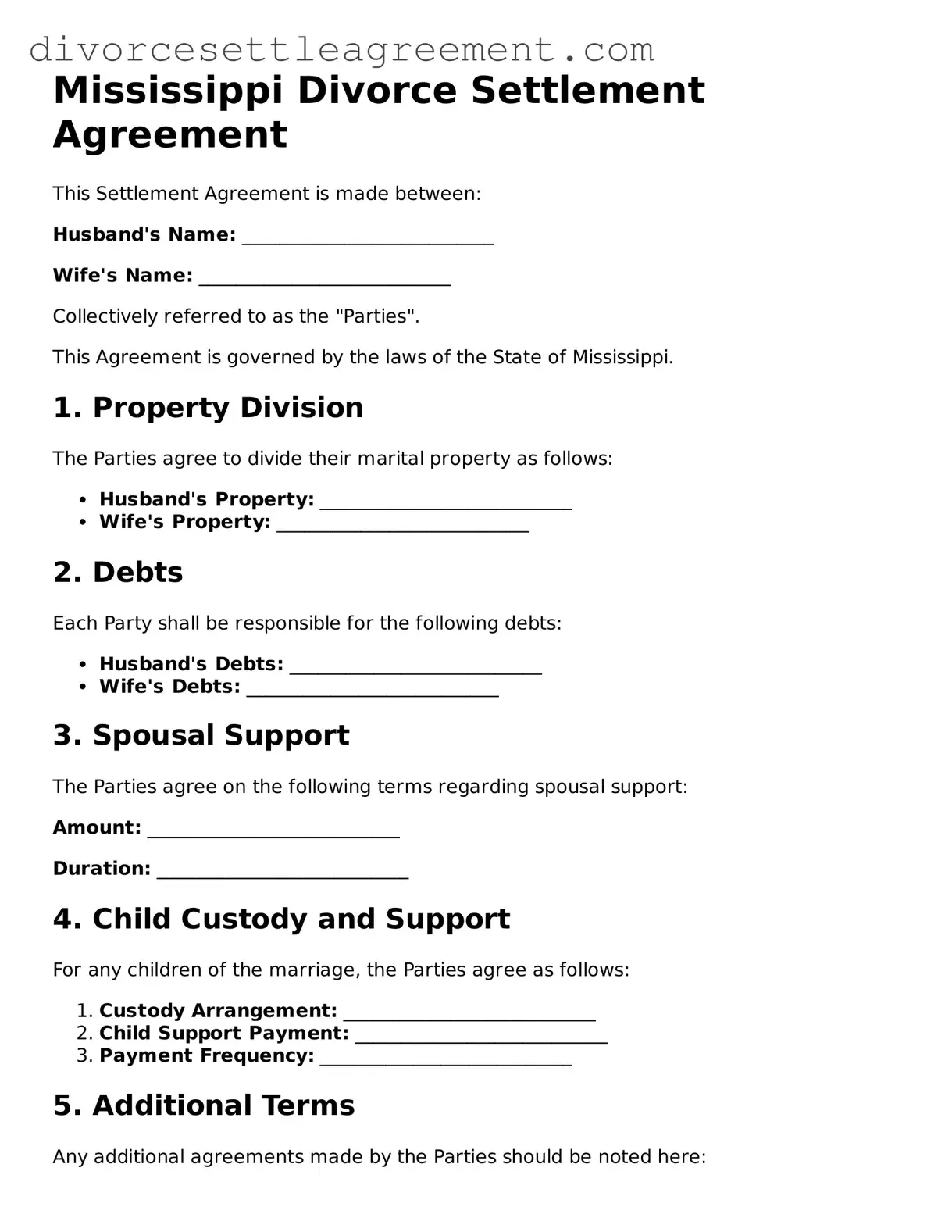 Attorney-Approved Divorce Settlement Agreement Document for the State of Mississippi