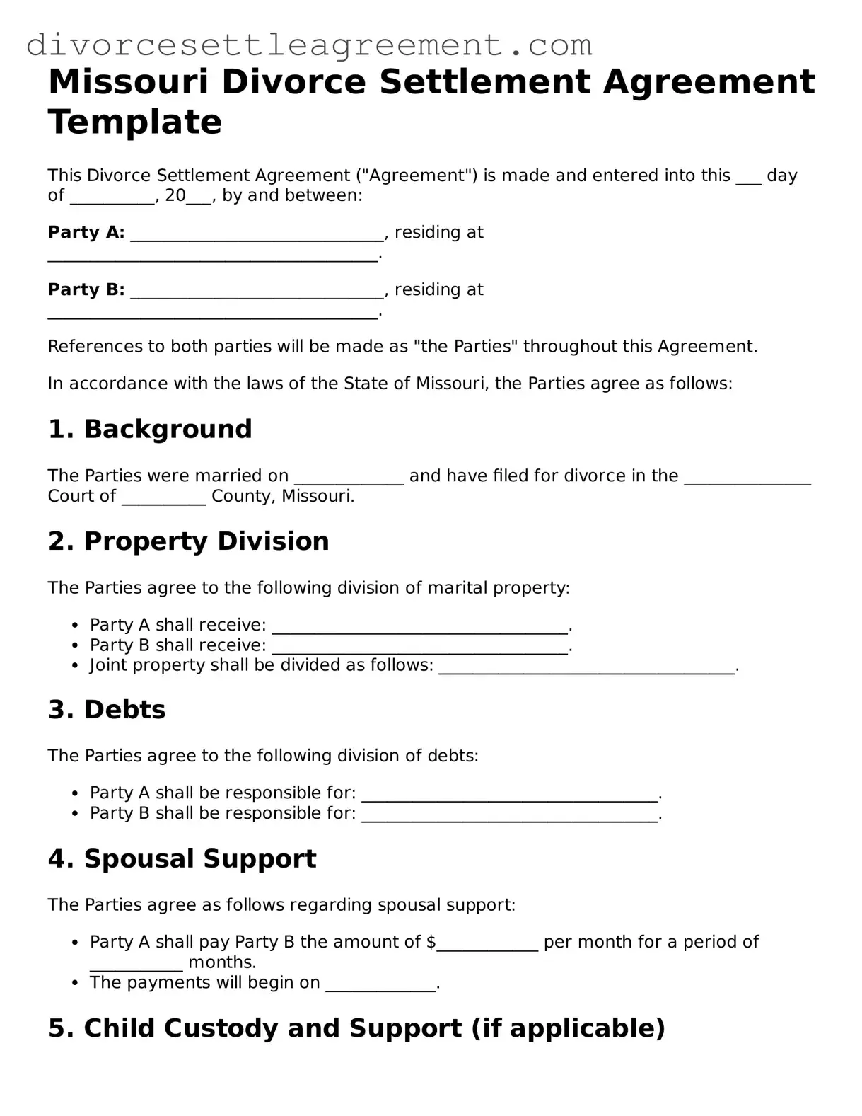 Attorney-Approved Divorce Settlement Agreement Document for the State of Missouri