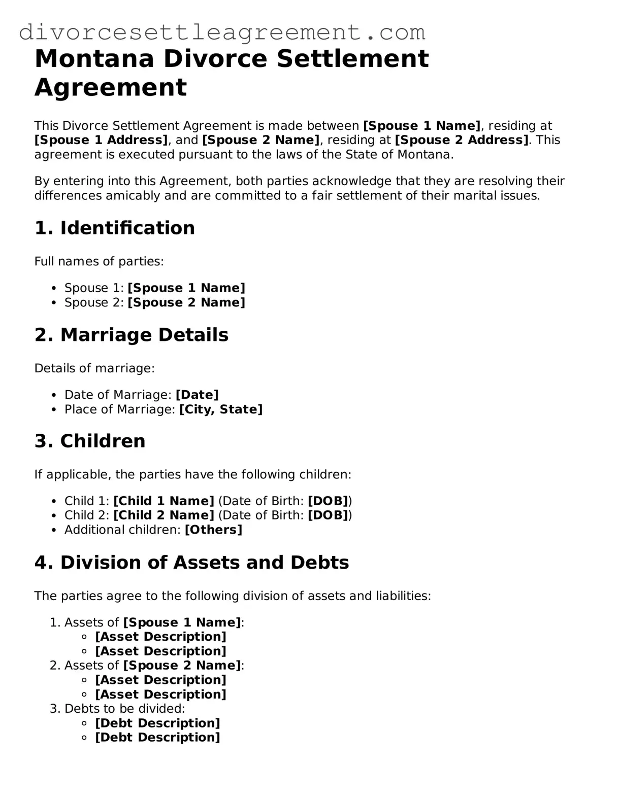 Attorney-Approved Divorce Settlement Agreement Document for the State of Montana