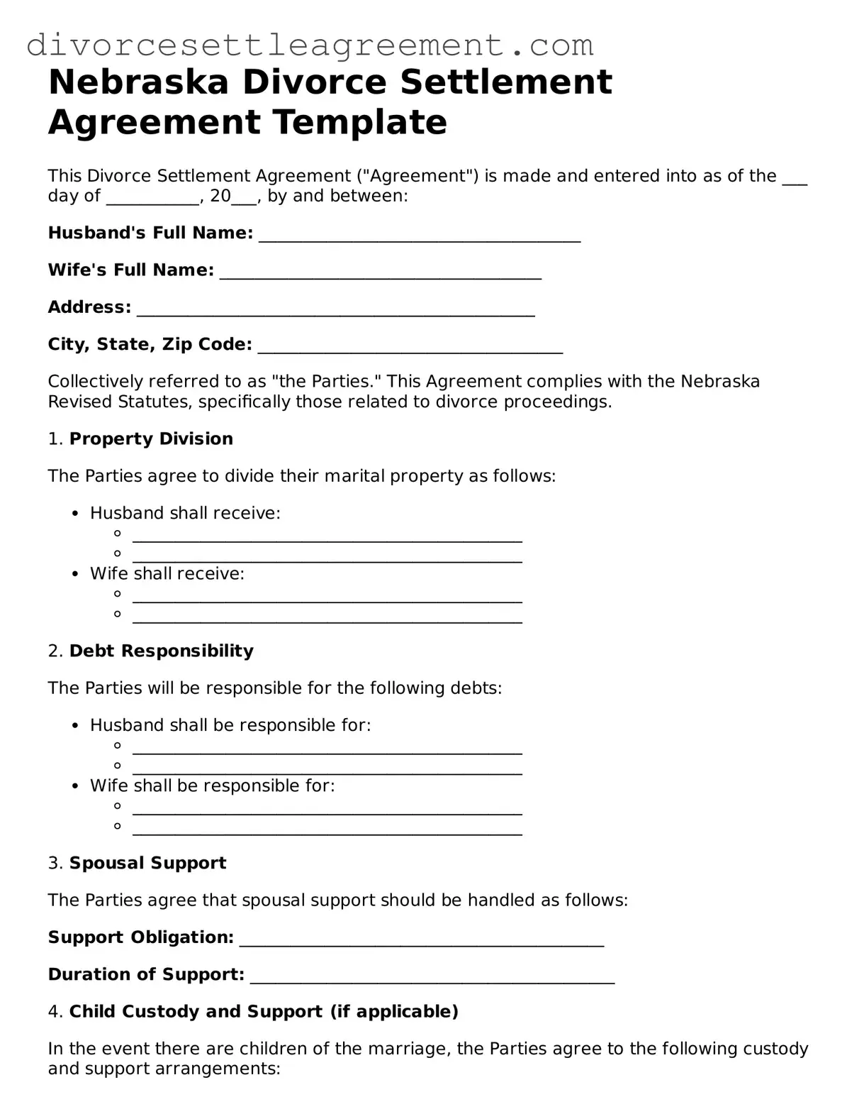 Attorney-Approved Divorce Settlement Agreement Document for the State of Nebraska