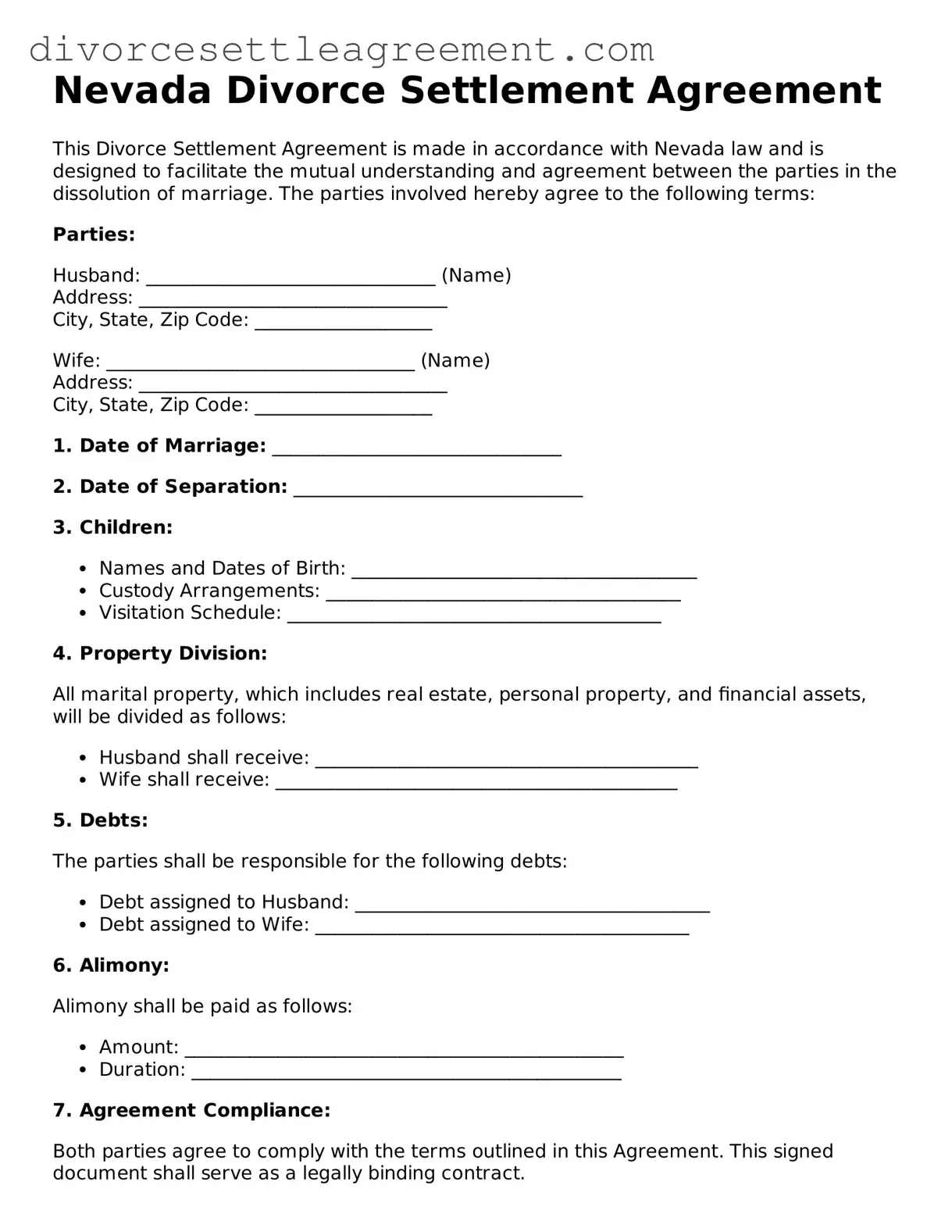 Attorney-Approved Divorce Settlement Agreement Document for the State of Nevada