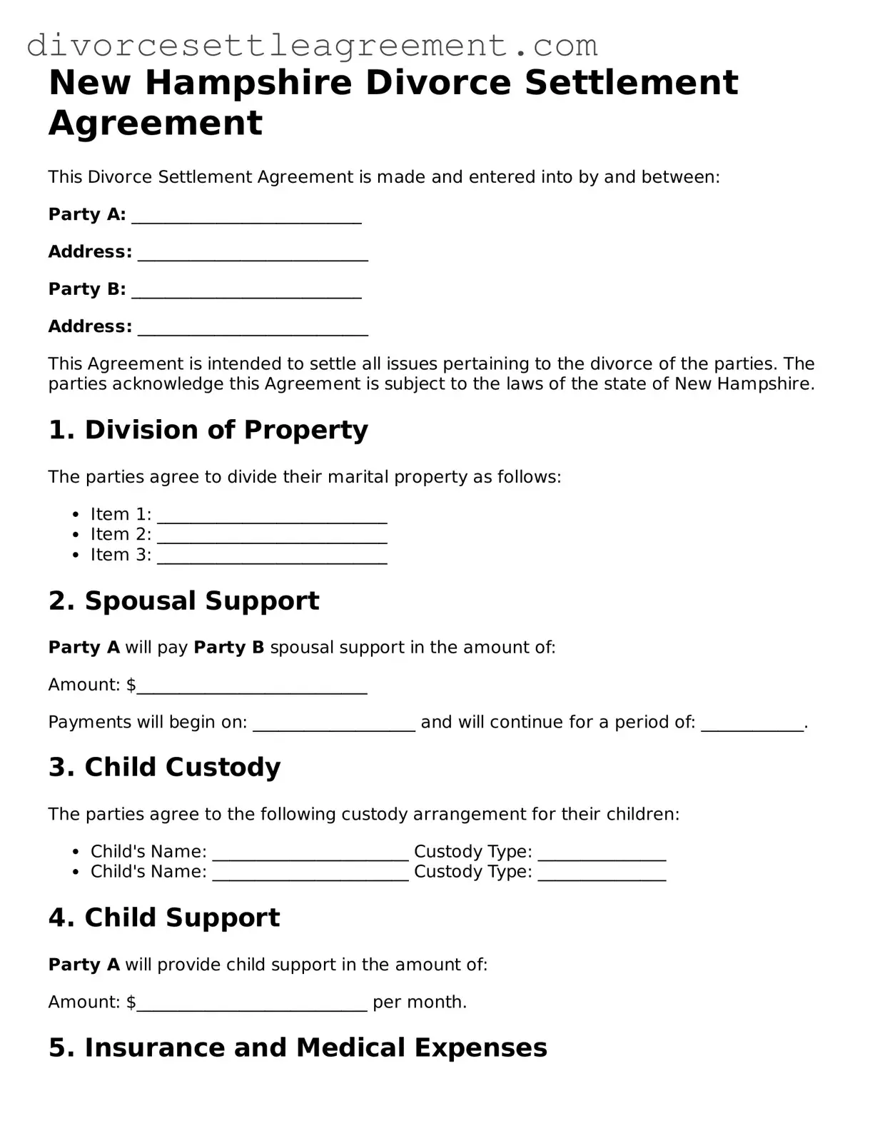 Attorney-Approved Divorce Settlement Agreement Document for the State of New Hampshire