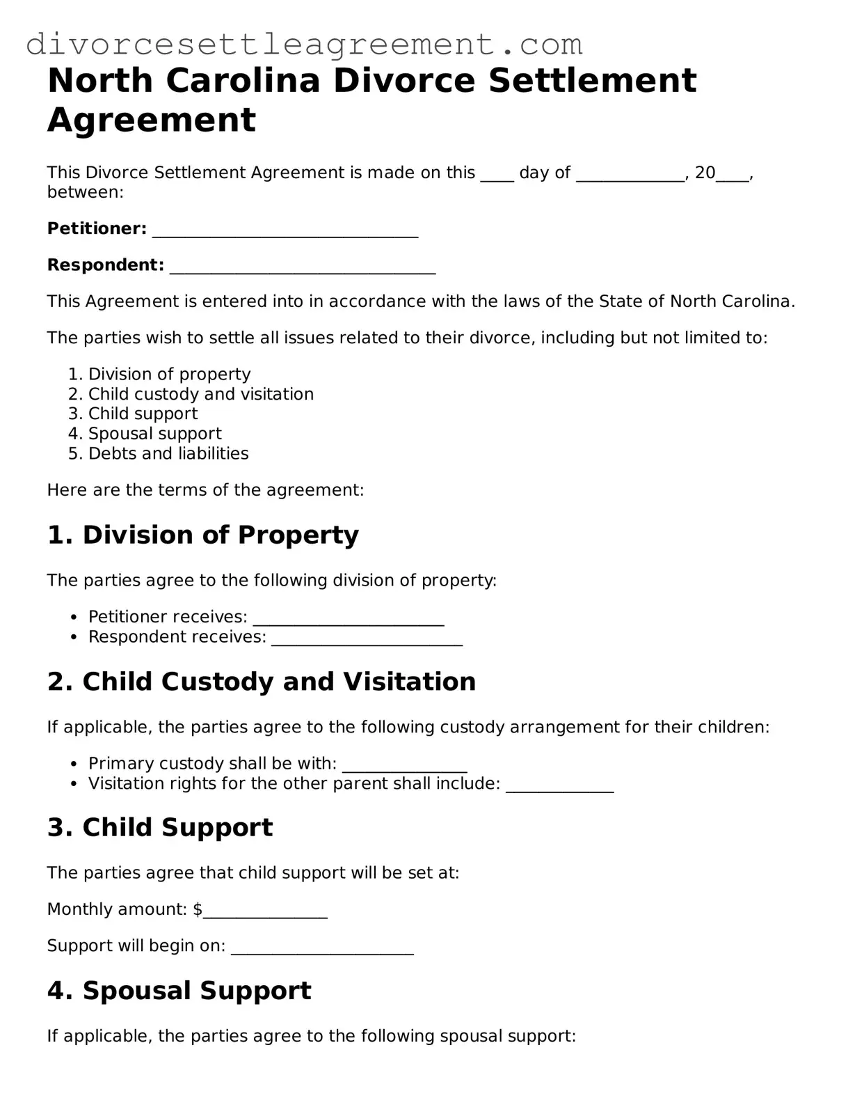 Attorney-Approved Divorce Settlement Agreement Document for the State of North Carolina