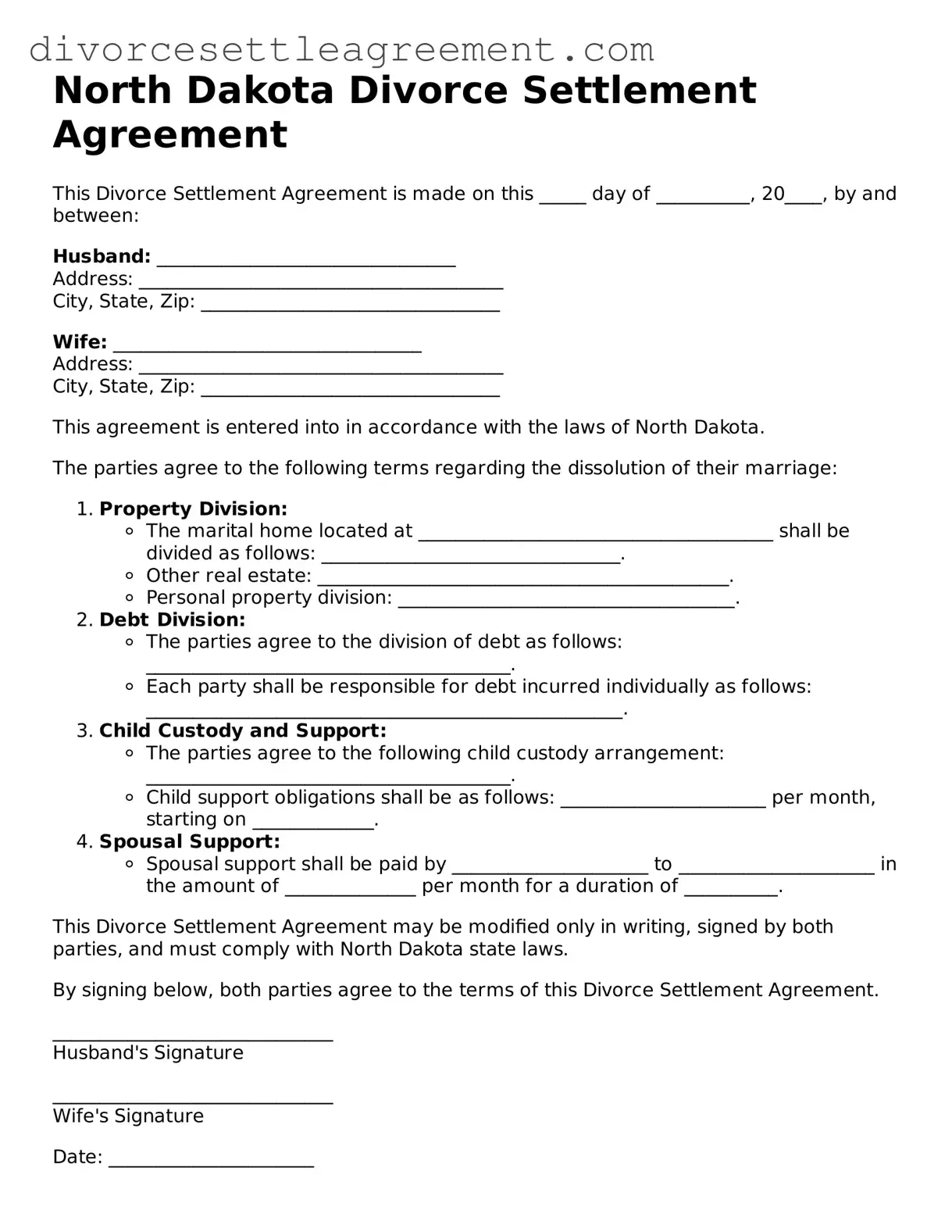 Attorney-Approved Divorce Settlement Agreement Document for the State of North Dakota