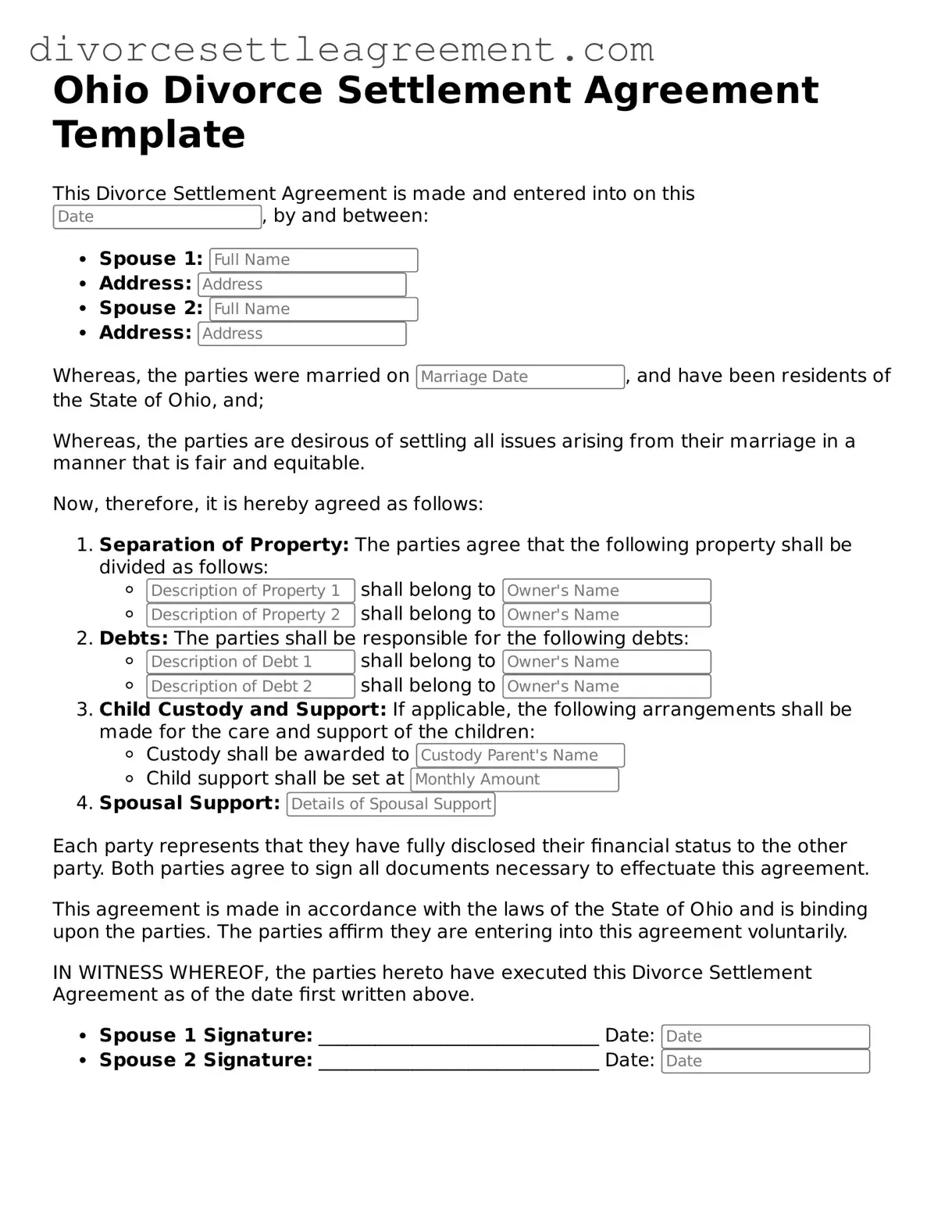 Attorney-Approved Divorce Settlement Agreement Document for the State of Ohio