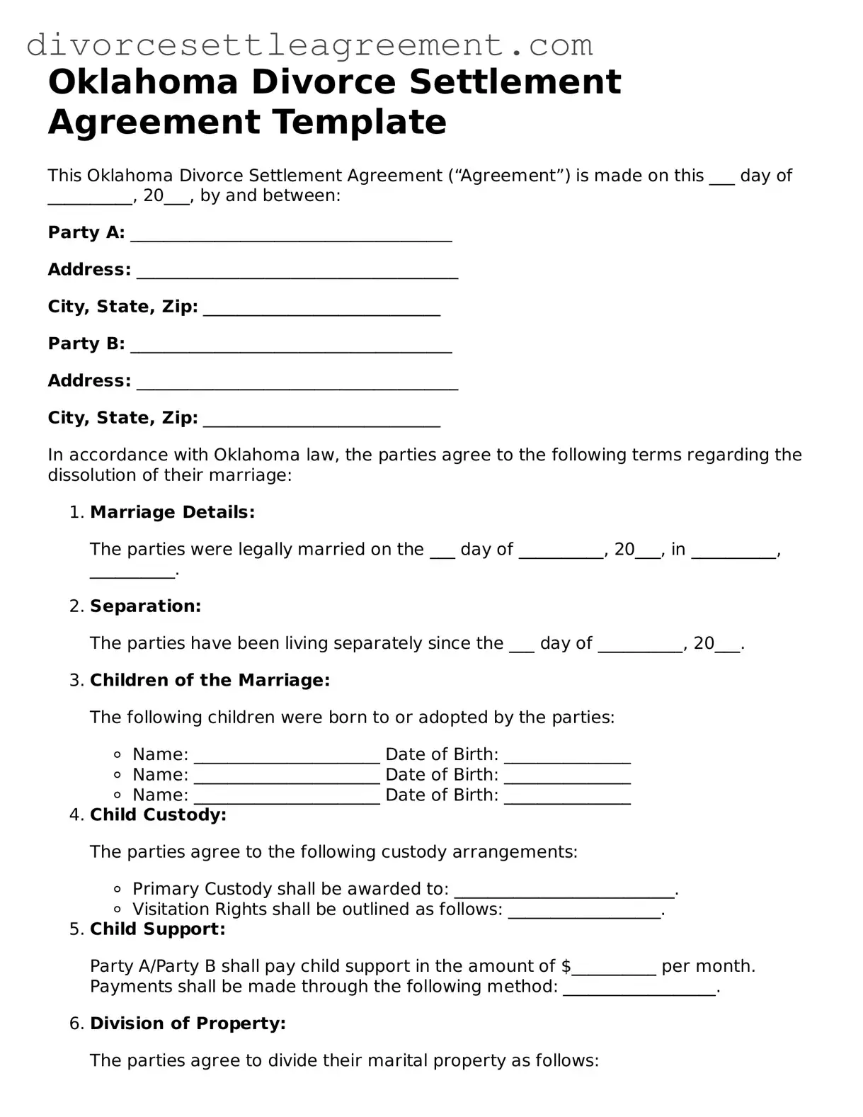 Attorney-Approved Divorce Settlement Agreement Document for the State of Oklahoma