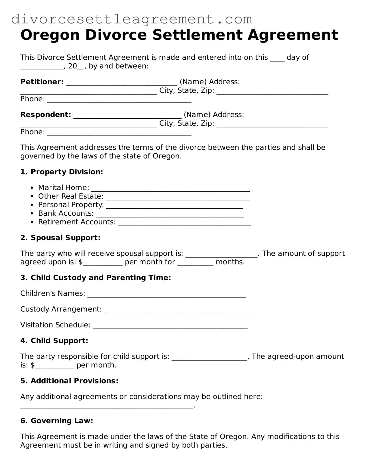 Attorney-Approved Divorce Settlement Agreement Document for the State of Oregon