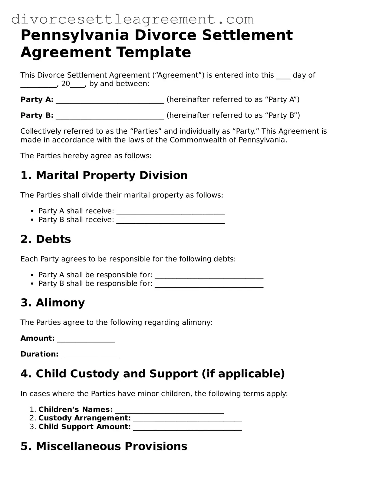 Attorney-Approved Divorce Settlement Agreement Document for the State of Pennsylvania