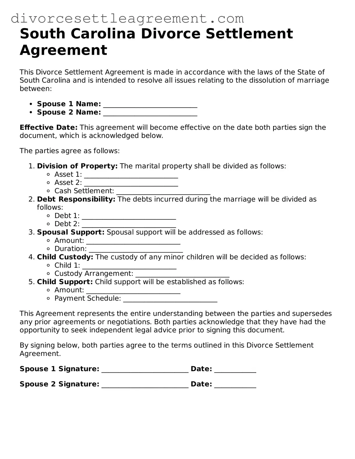 Attorney-Approved Divorce Settlement Agreement Document for the State of South Carolina