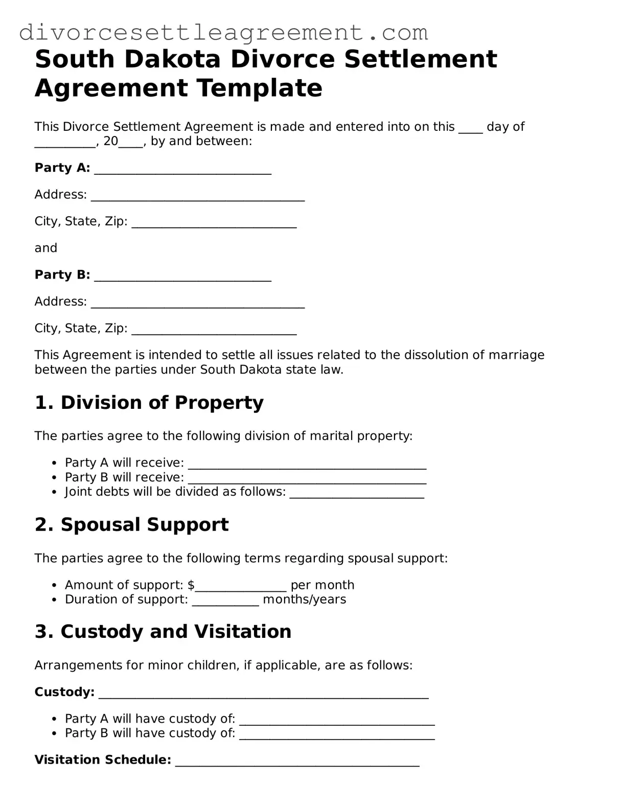 Attorney-Approved Divorce Settlement Agreement Document for the State of South Dakota