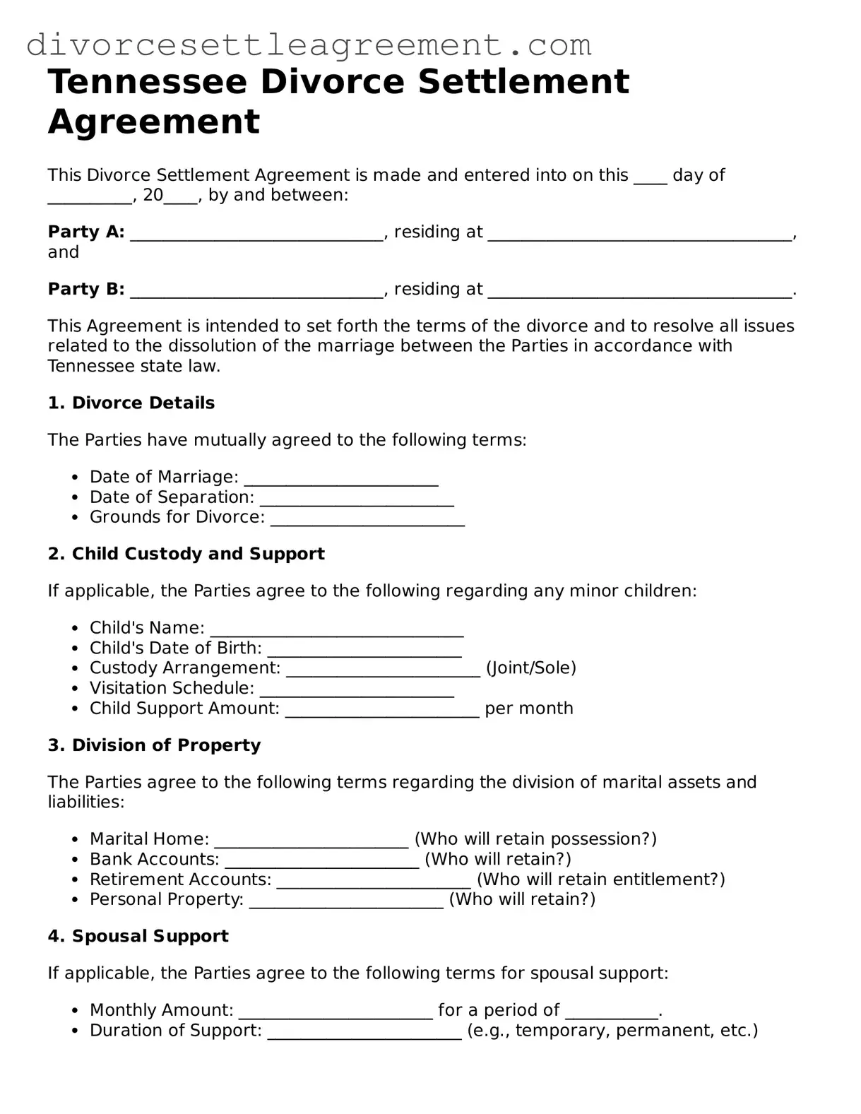Attorney-Approved Divorce Settlement Agreement Document for the State of Tennessee