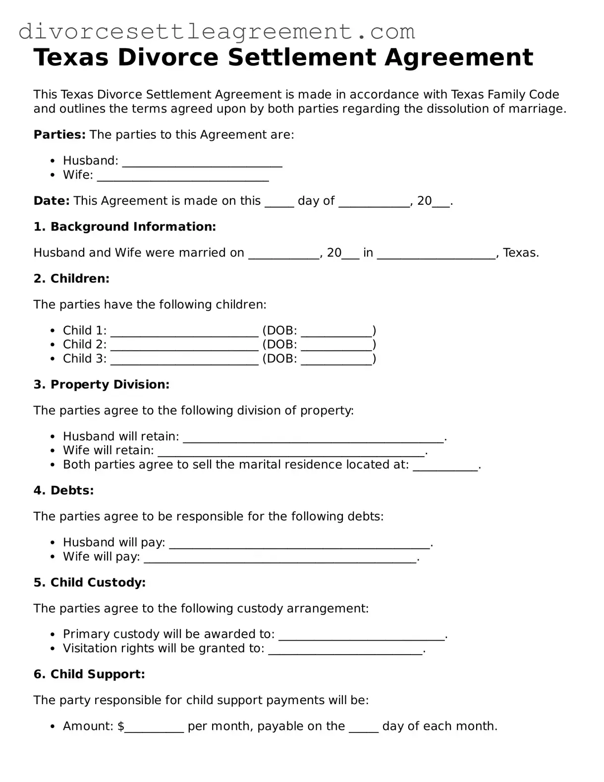 Attorney-Approved Divorce Settlement Agreement Document for the State of Texas