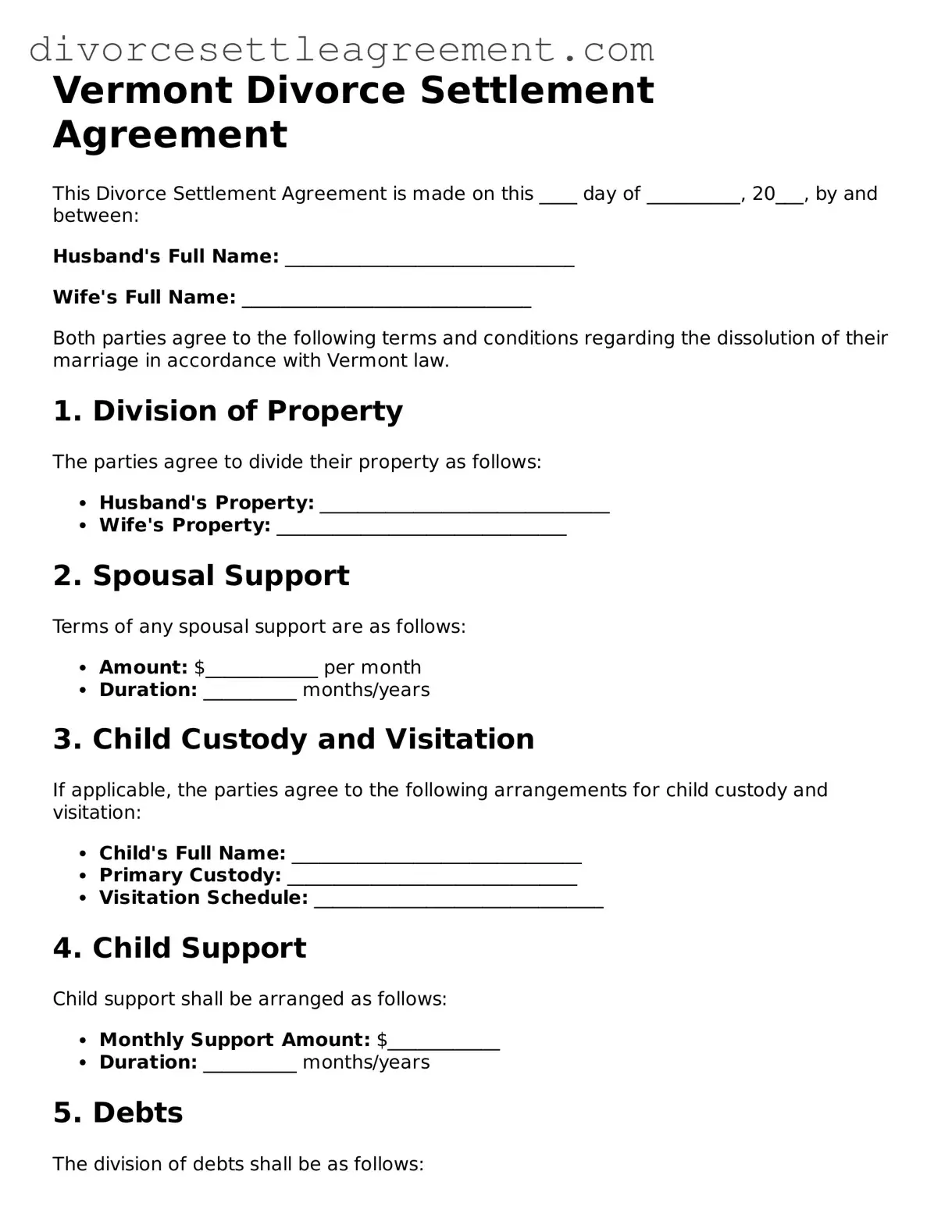 Attorney-Approved Divorce Settlement Agreement Document for the State of Vermont