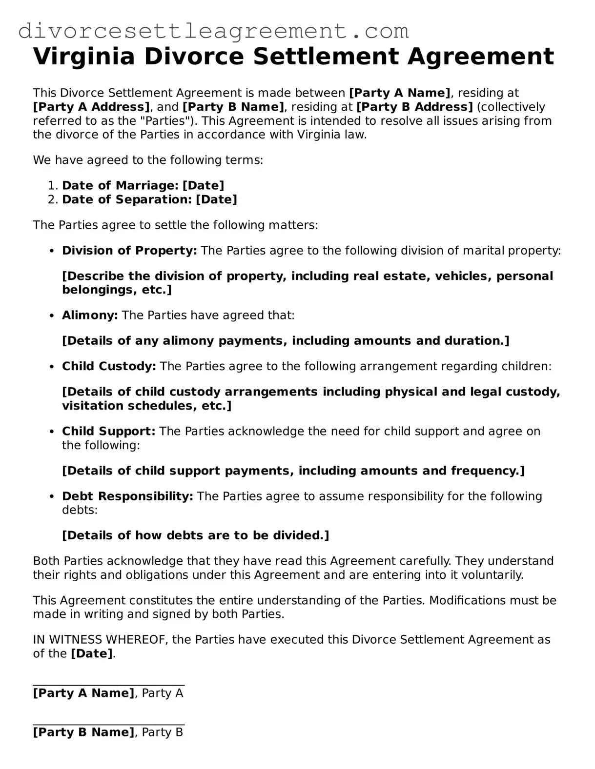 Attorney-Approved Divorce Settlement Agreement Document for the State of Virginia