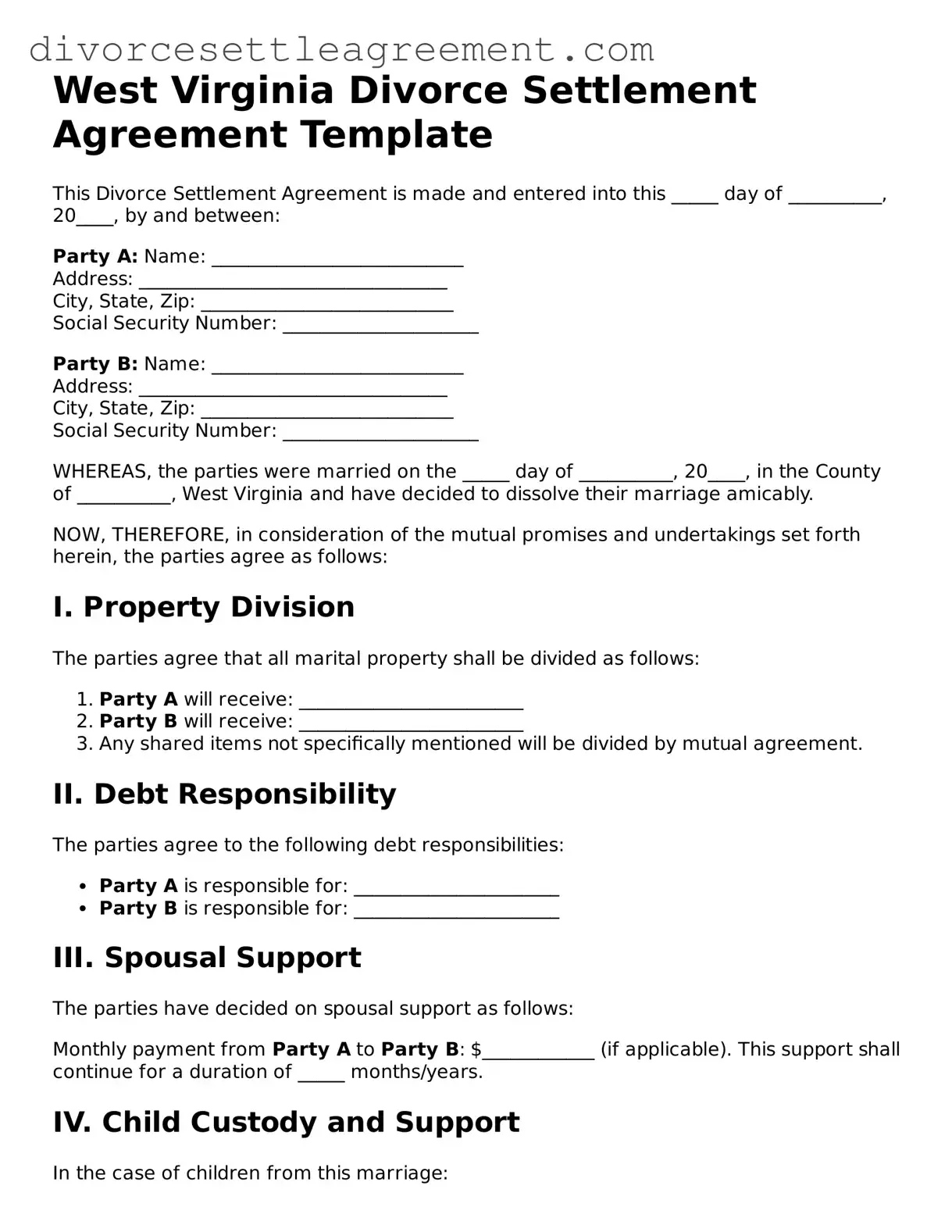 Attorney-Approved Divorce Settlement Agreement Document for the State of West Virginia