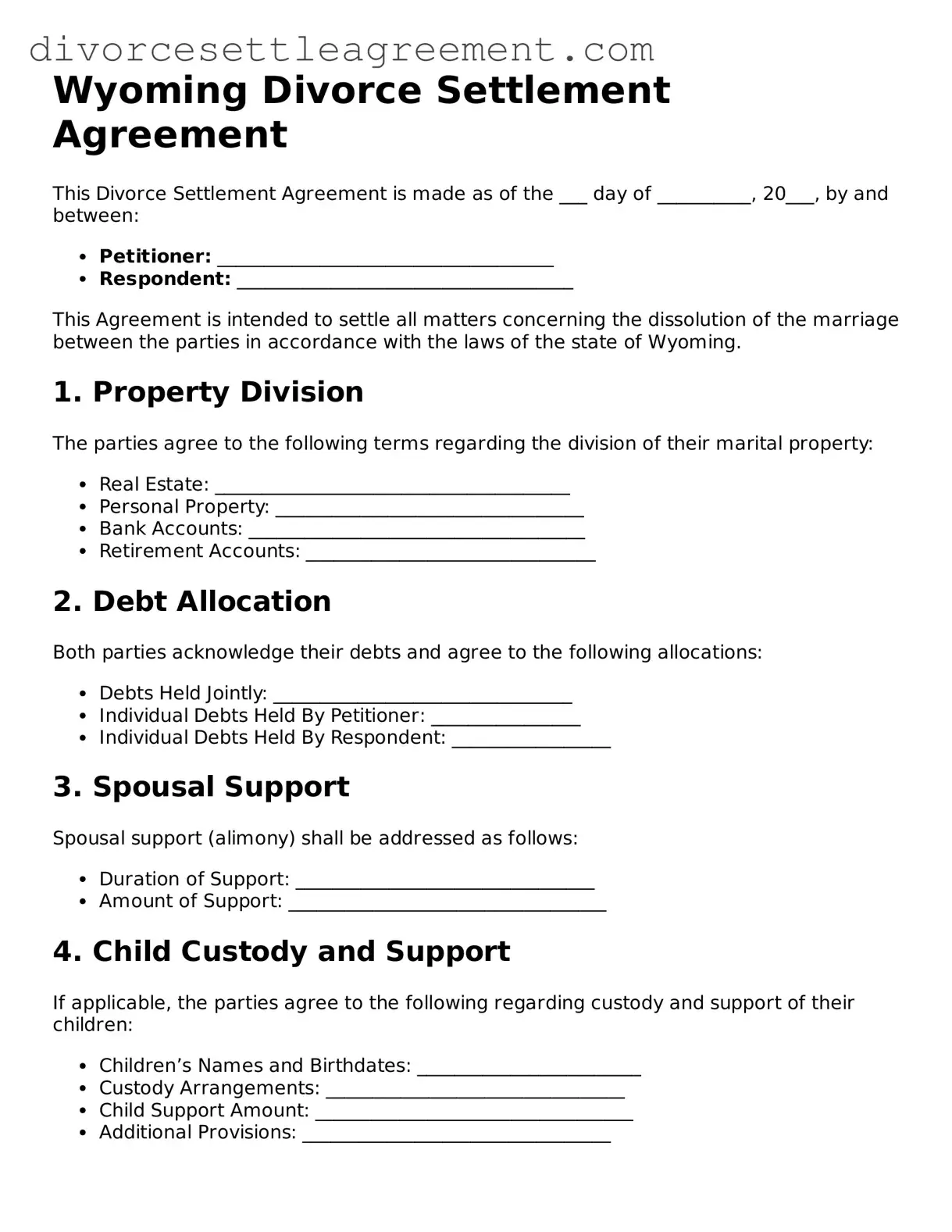 Attorney-Approved Divorce Settlement Agreement Document for the State of Wyoming